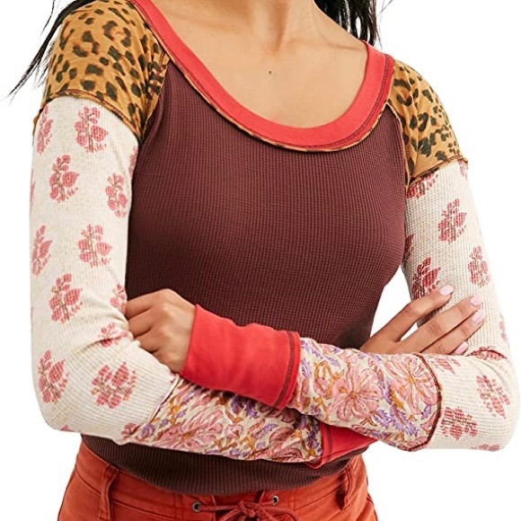 Free People Tops - 🚫SOLD🚫 Free People Bright Side Thermal in Burgundy with Leopard Floral Sleeves